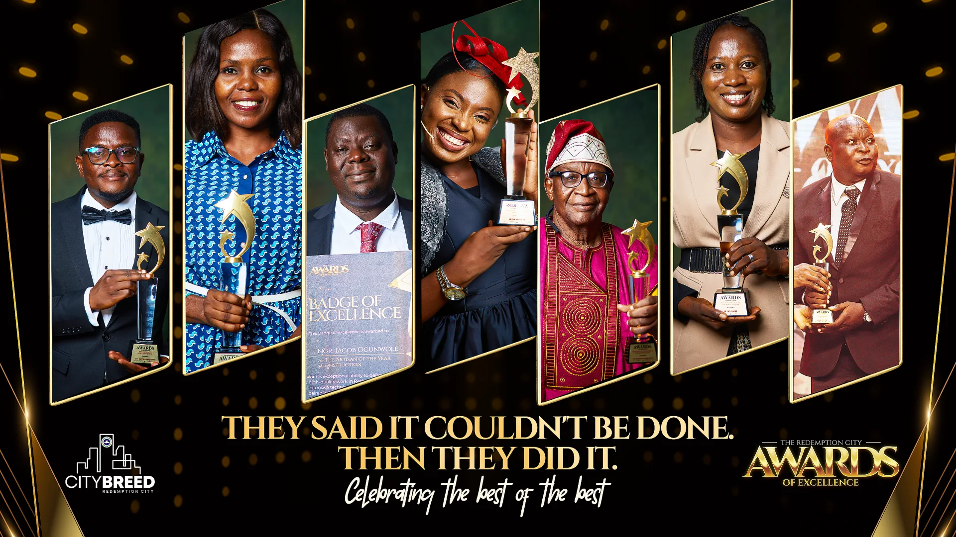 Past honourees of the Redemption City Awards holding their trophies — celebrating the best of the best